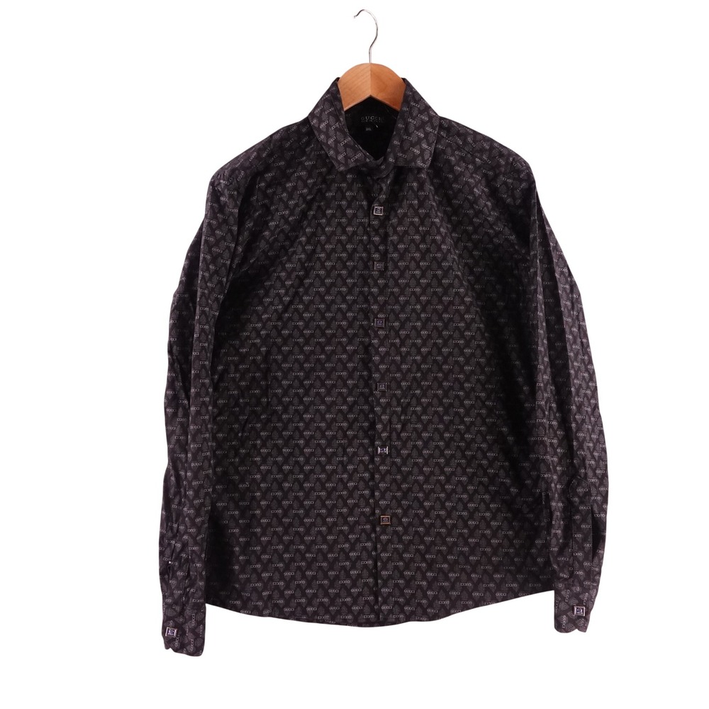 Gucci Womens 3XL Monogram Crest Print Cotton Button Down Shirt Black Italy